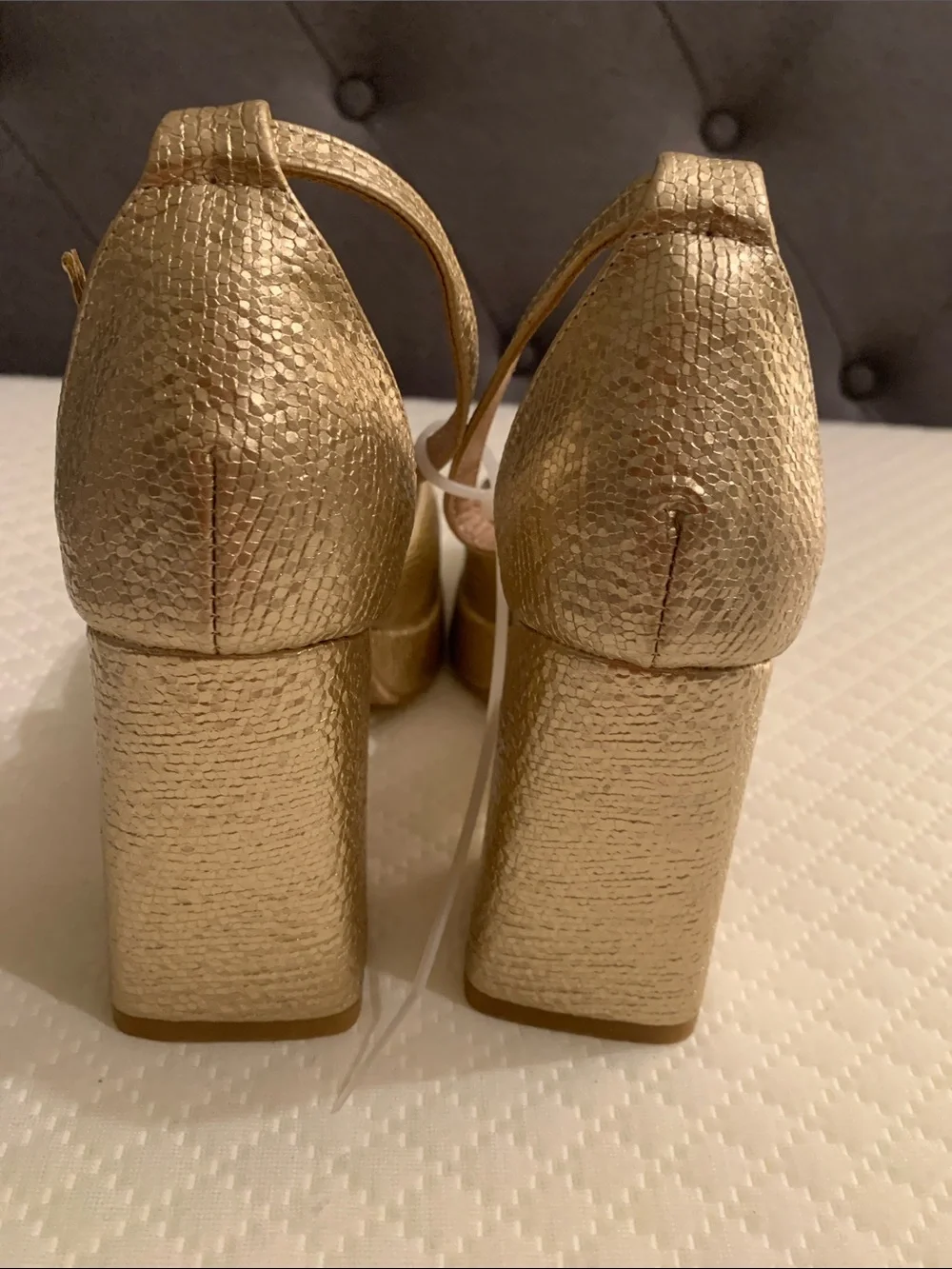Gold Platform Block Heel Pumps with Ankle Strap